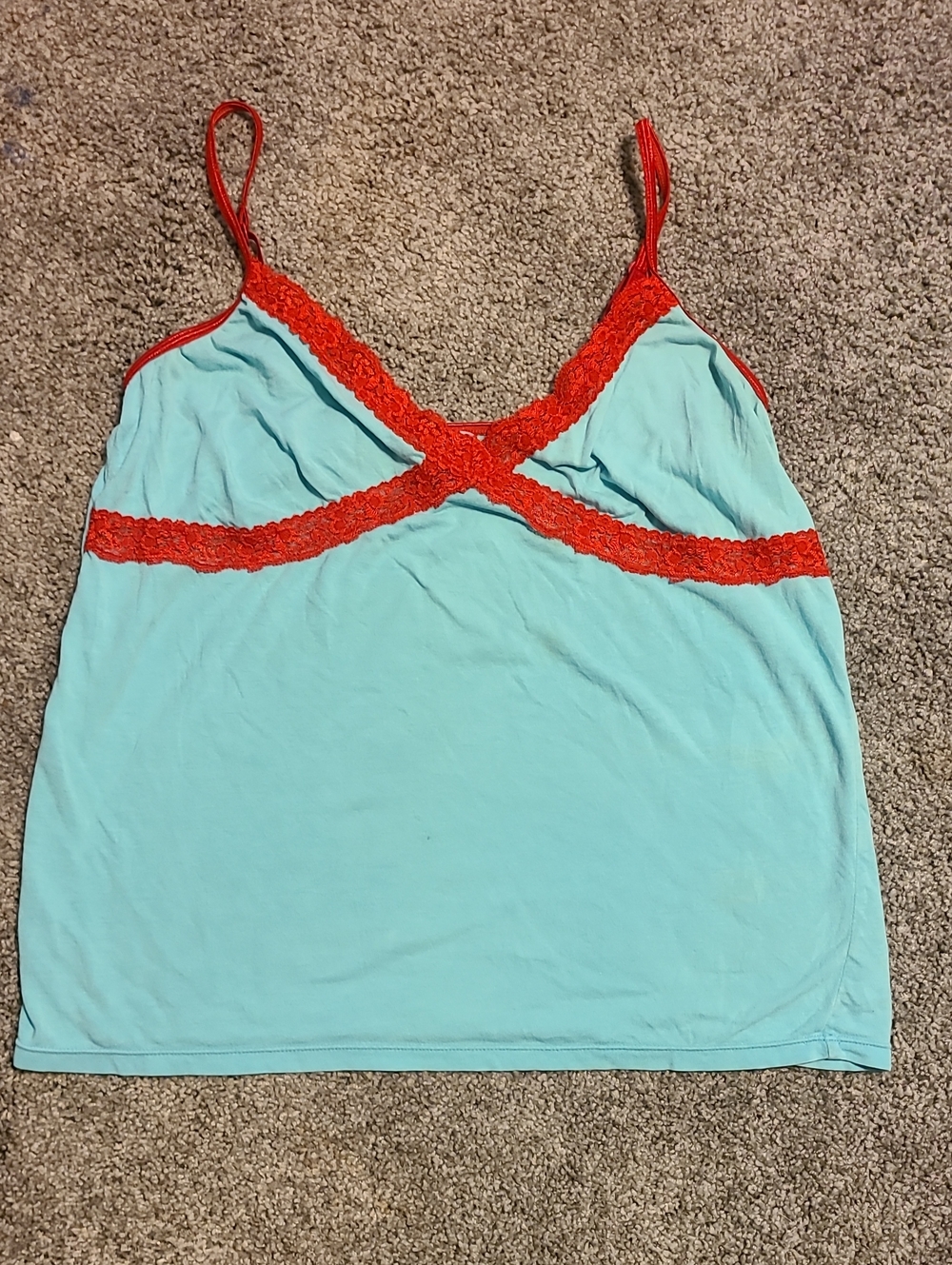 VINTAGE Victoria's Secret PINK Light Blue Camisole with Red Lace Trim